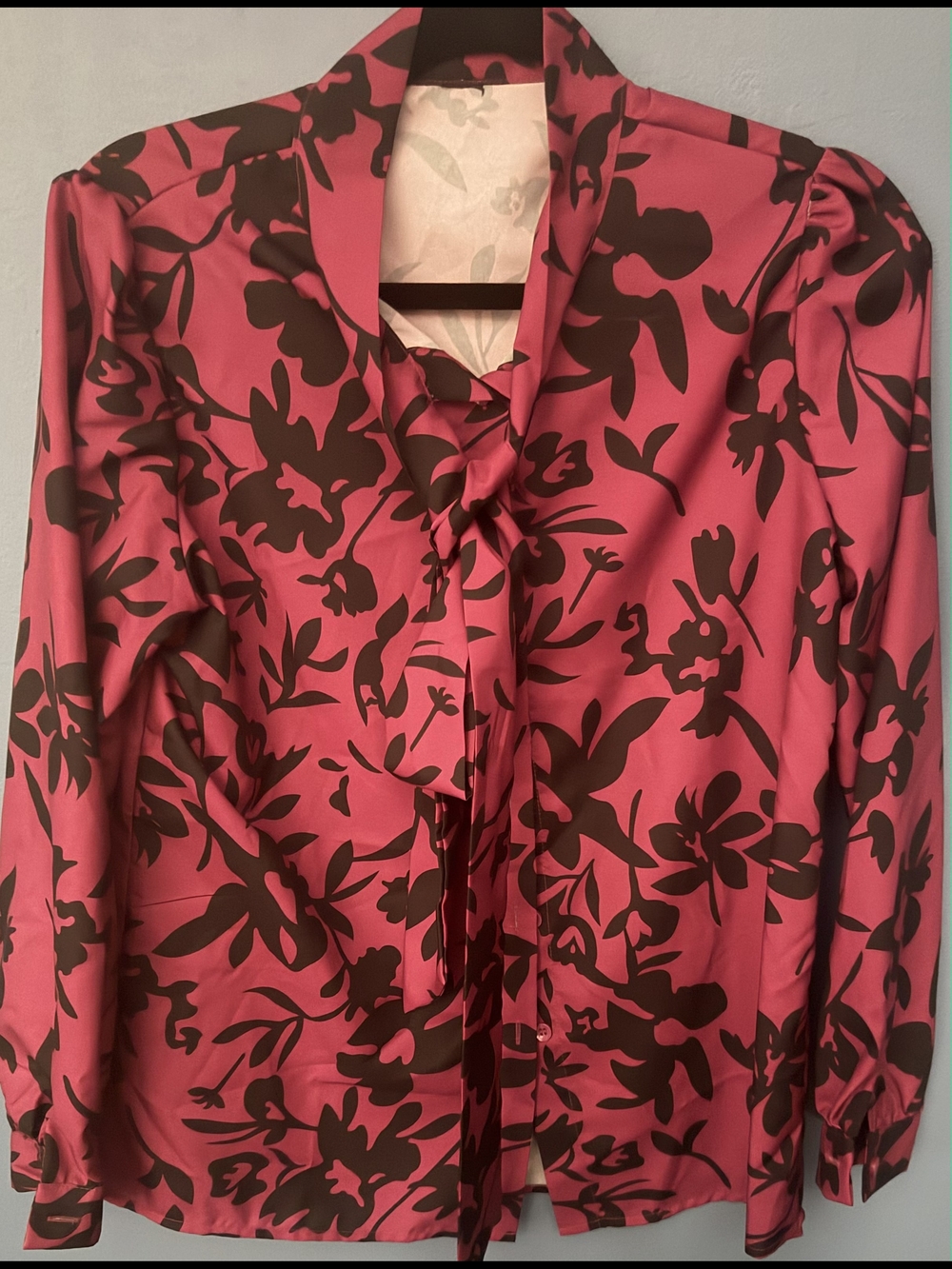 Women’s Pink Floral Tie-Neck Blouse with Black Print